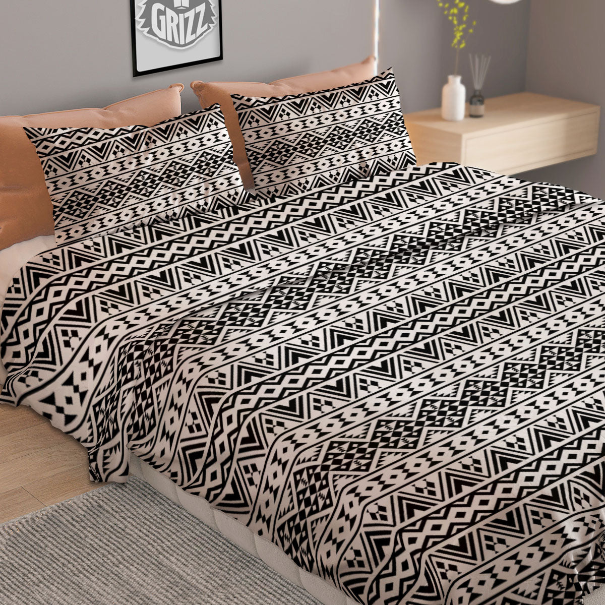 Aztec Texture White And Black Print Pattern Duvet Cover Bedding Set