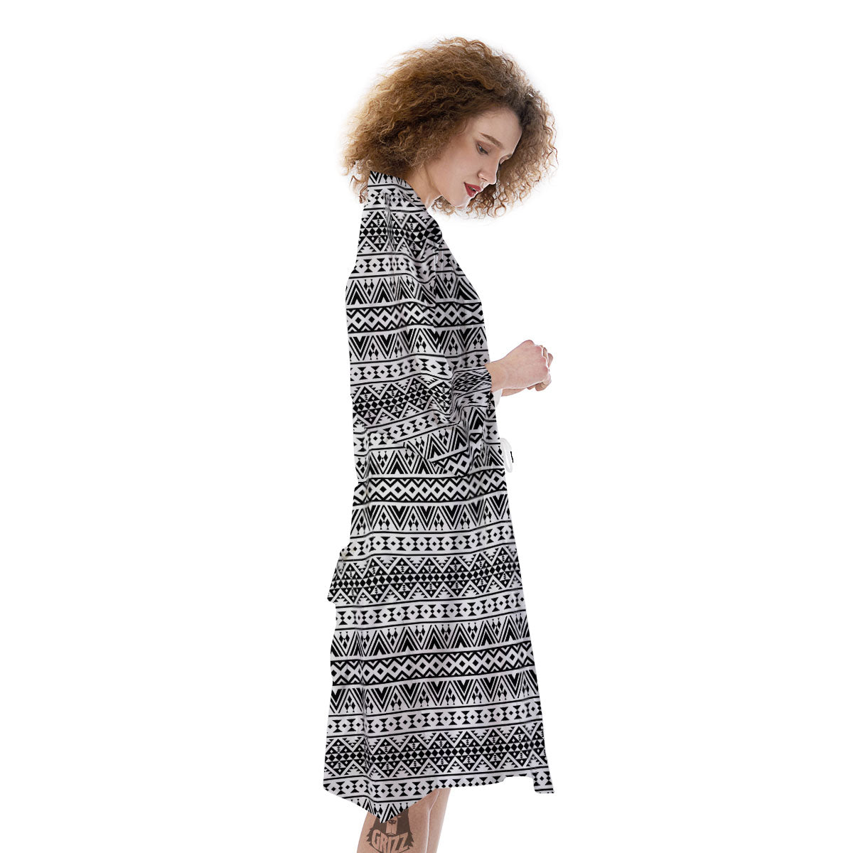 Aztec Texture White And Black Print Pattern Kimono-grizzshop