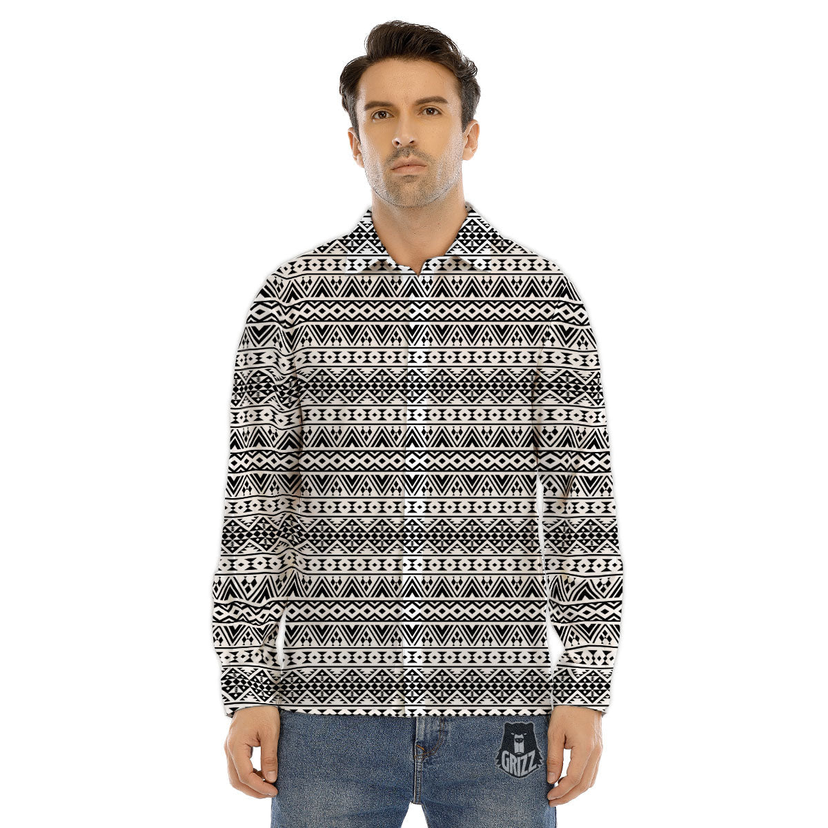Aztec Texture White And Black Print Pattern Men's Dress Shirts-grizzshop