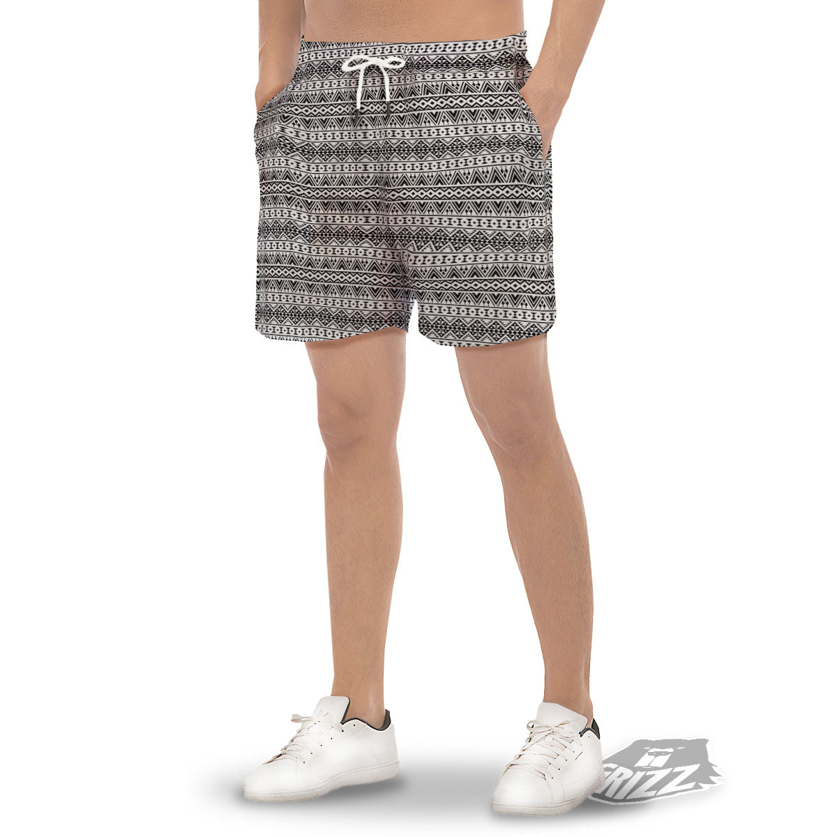 Aztec Texture White And Black Print Pattern Men's Gym Shorts-grizzshop