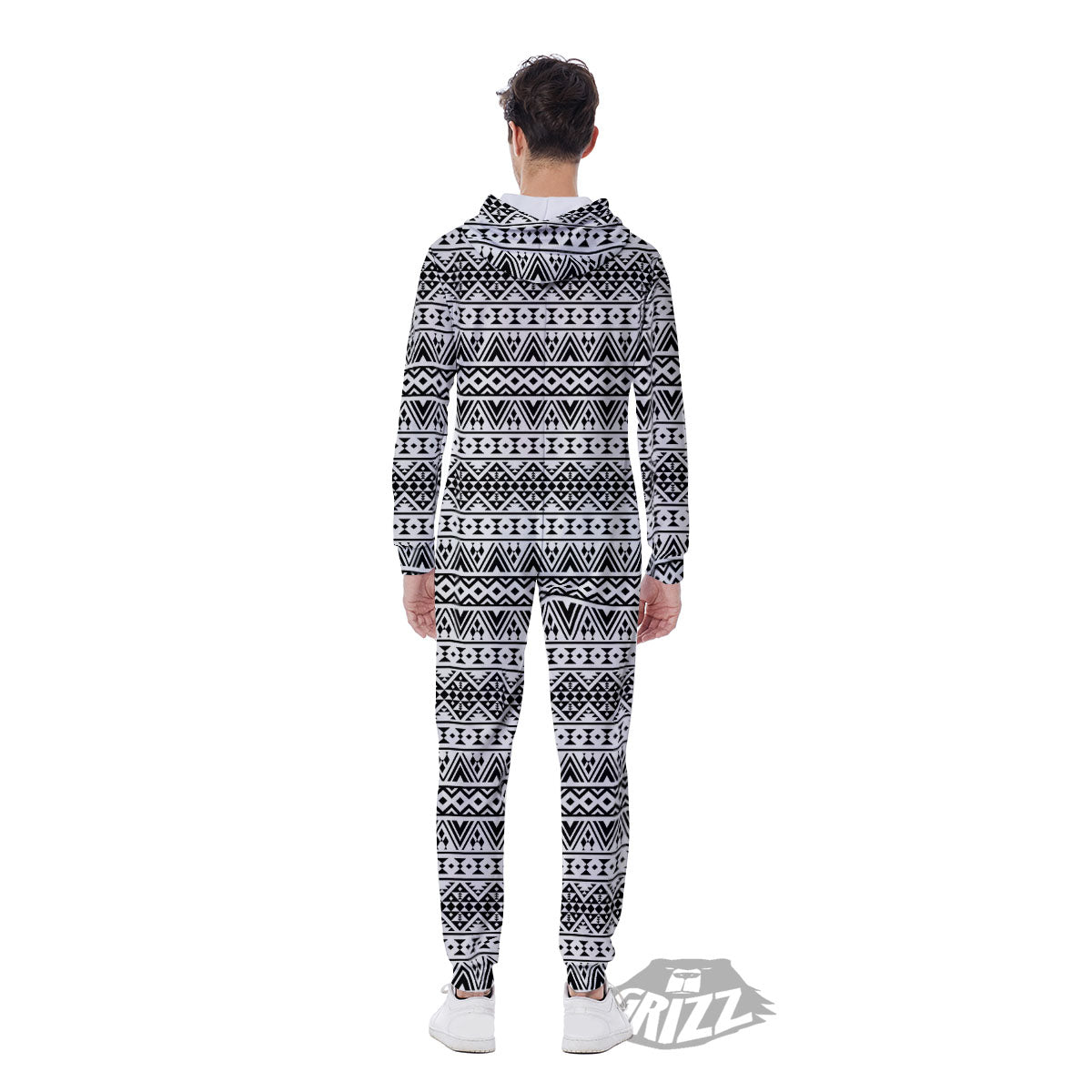 Aztec Texture White And Black Print Pattern Men's Jumpsuit-grizzshop