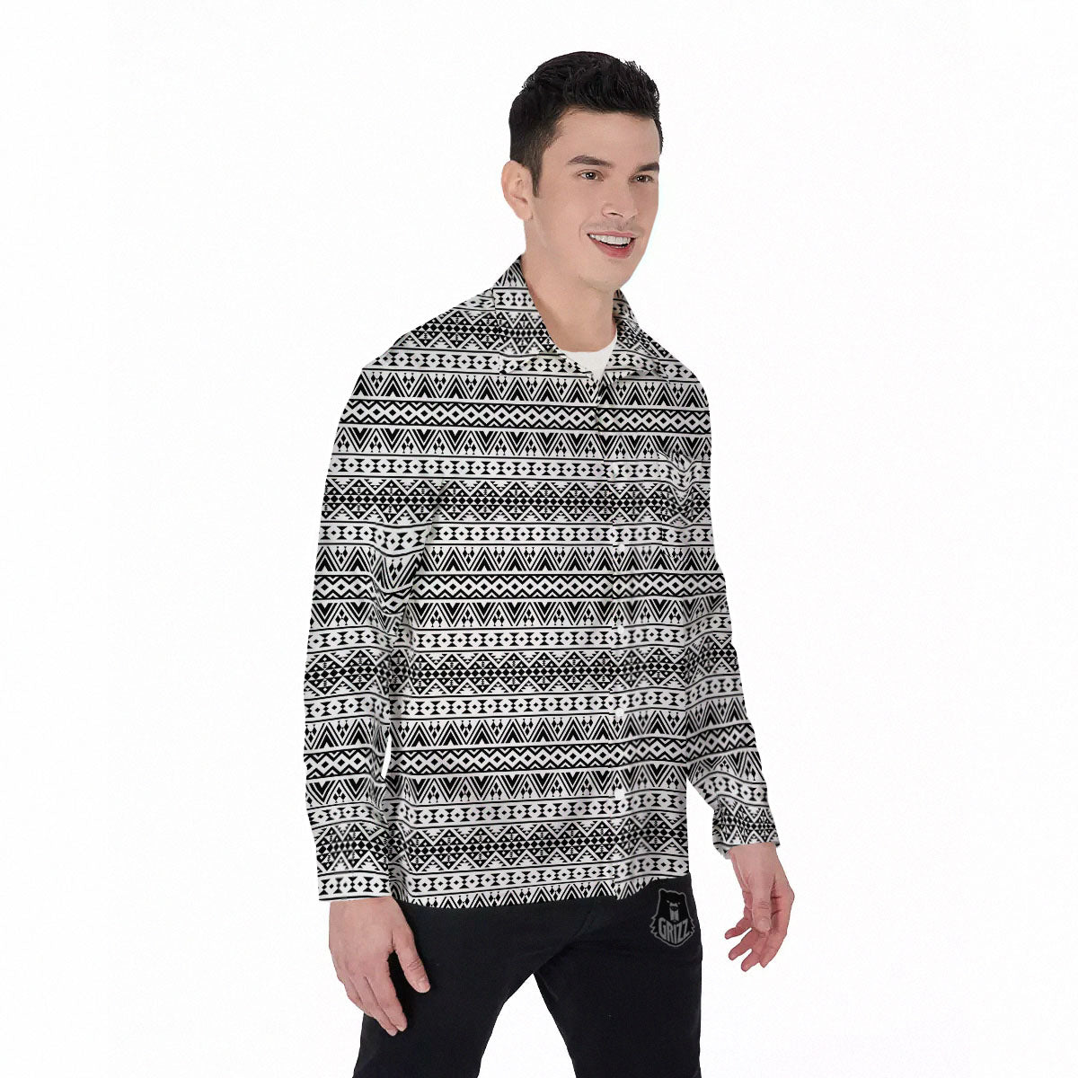Aztec Texture White And Black Print Pattern Men's Long Sleeve Shirts-grizzshop