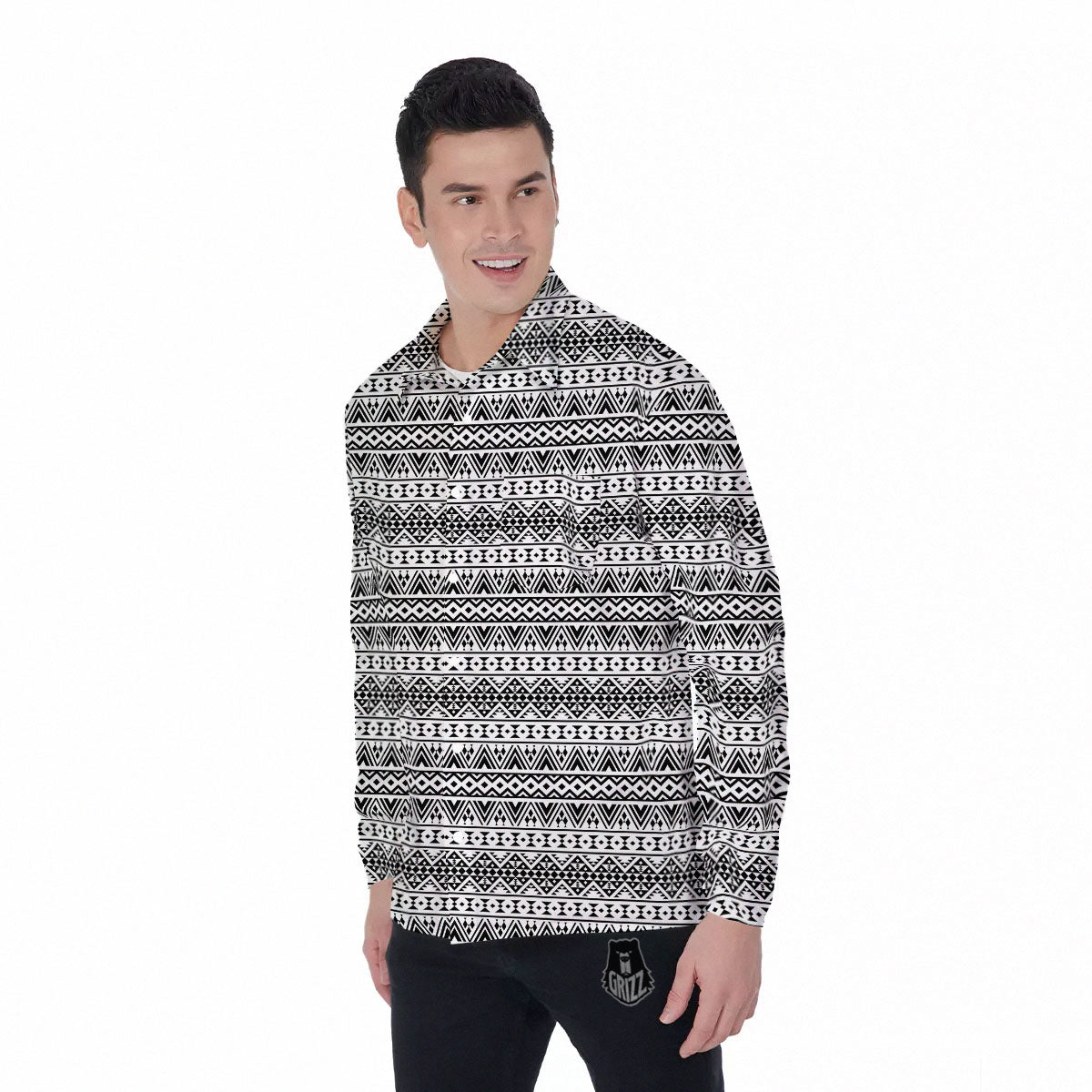 Aztec Texture White And Black Print Pattern Men's Long Sleeve Shirts-grizzshop