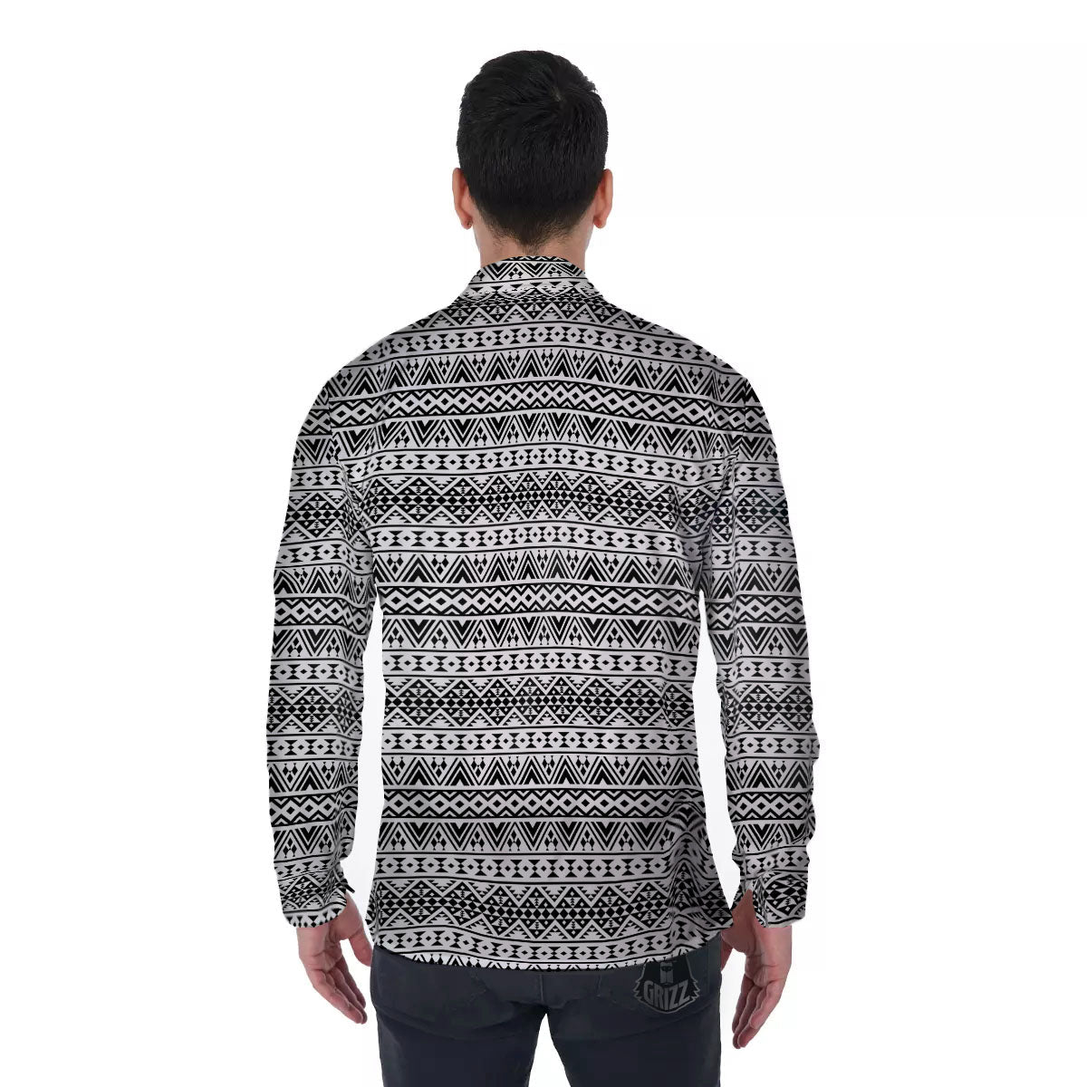 Aztec Texture White And Black Print Pattern Men's Long Sleeve Shirts-grizzshop