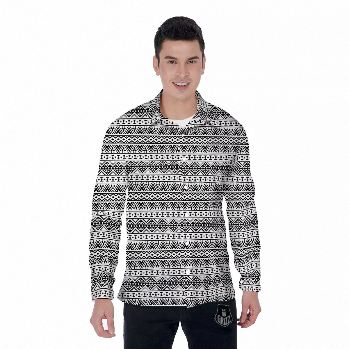 Aztec Texture White And Black Print Pattern Men's Long Sleeve Shirts-grizzshop