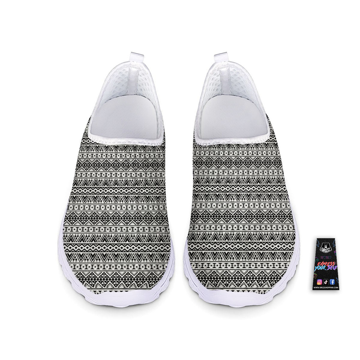Aztec Texture White And Black Print Pattern Nurse Shoes-grizzshop