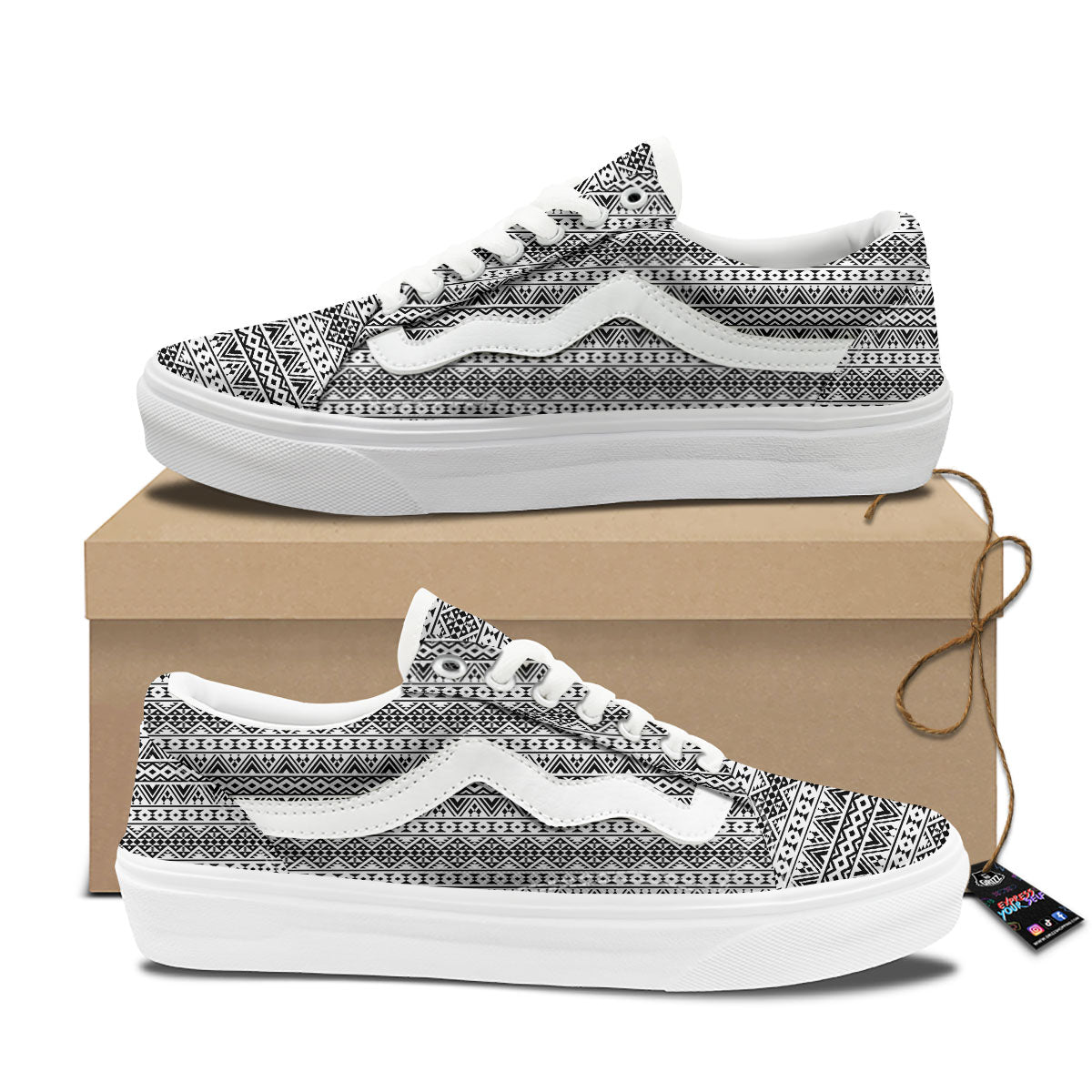 Aztec Texture White And Black Print Pattern Skate Shoes-grizzshop