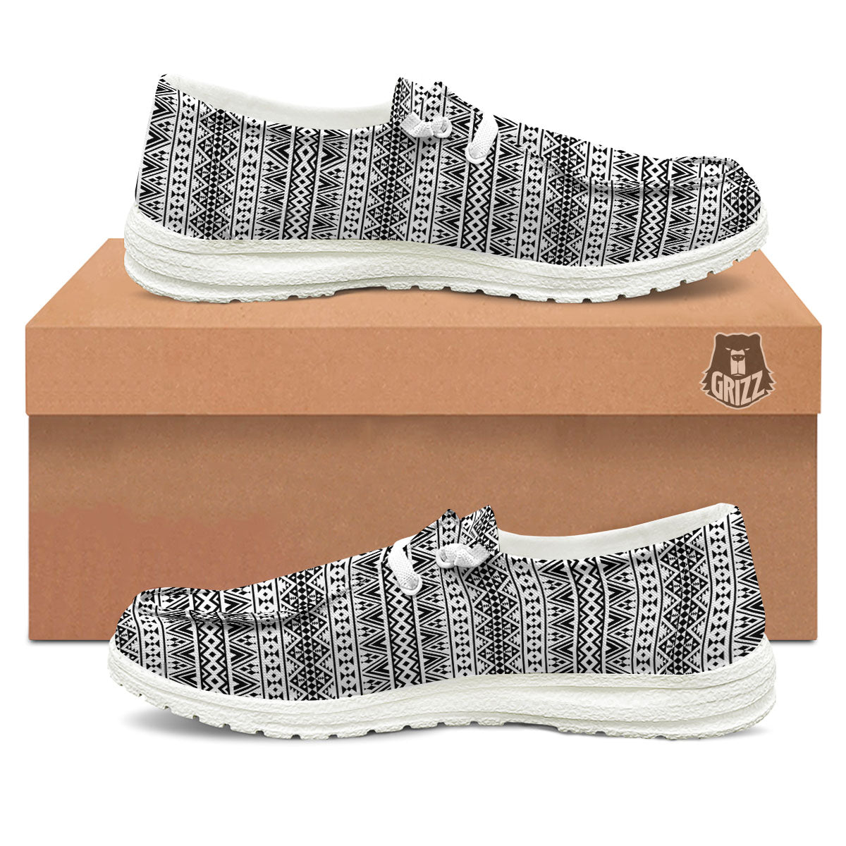 Aztec Texture White And Black Print Pattern White Loafers-grizzshop