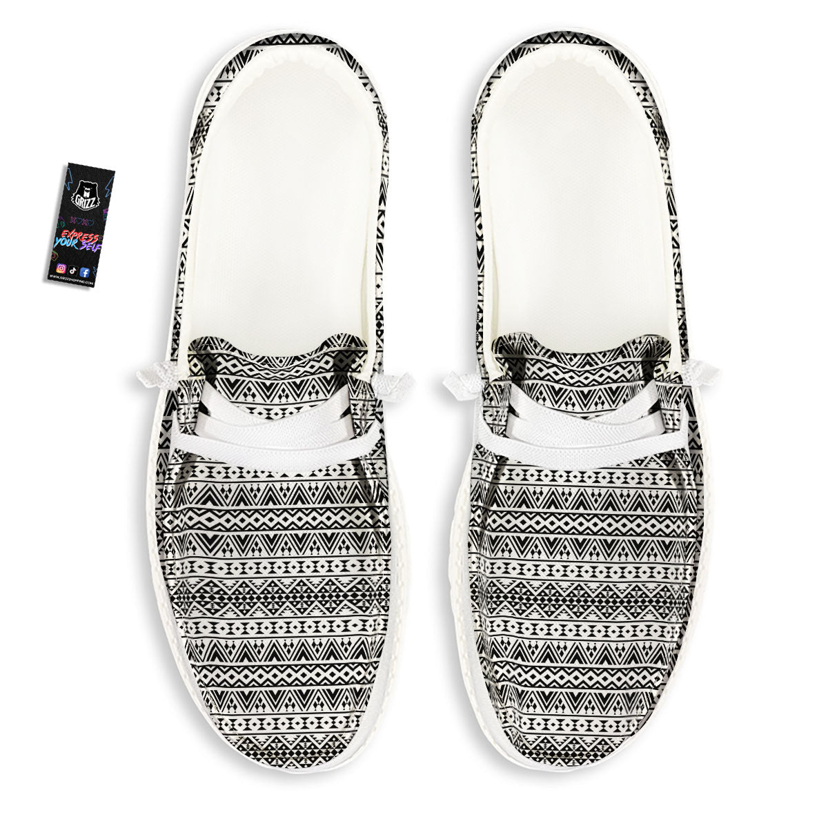 Aztec Texture White And Black Print Pattern White Loafers-grizzshop