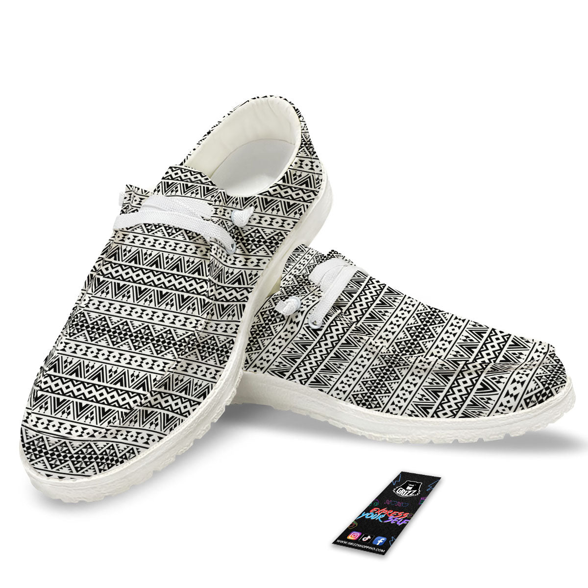 Aztec Texture White And Black Print Pattern White Loafers-grizzshop