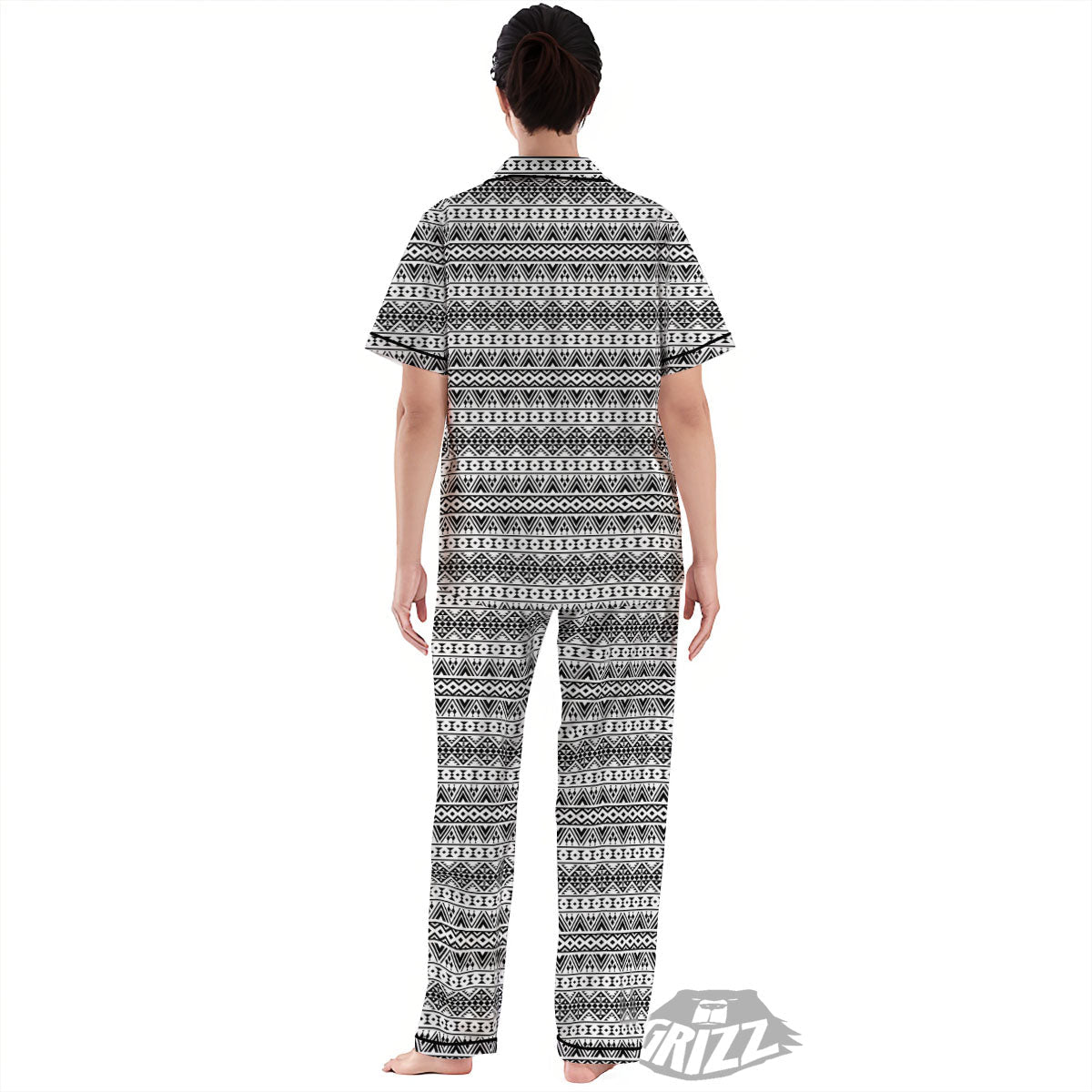 Aztec Texture White And Black Print Pattern Women's Pajamas Set-grizzshop