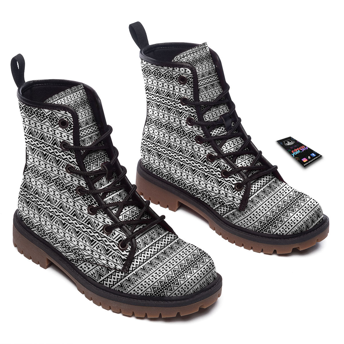 Aztec Texture White And Black Print Pattern Work Boots-grizzshop
