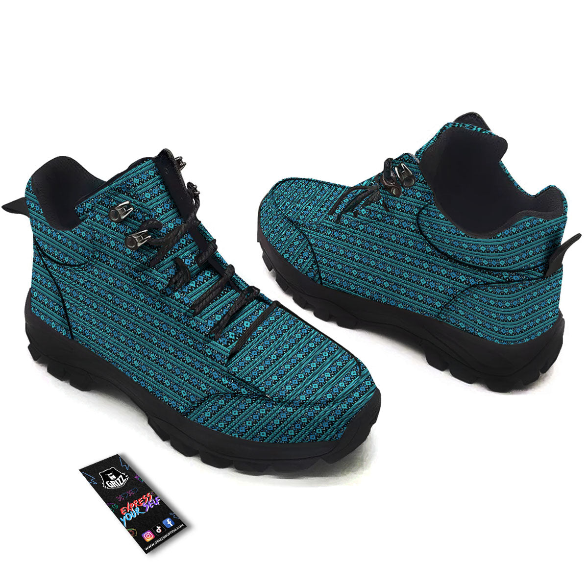 Aztec Tribal Blue Native Print Pattern Hiking Shoes-grizzshop