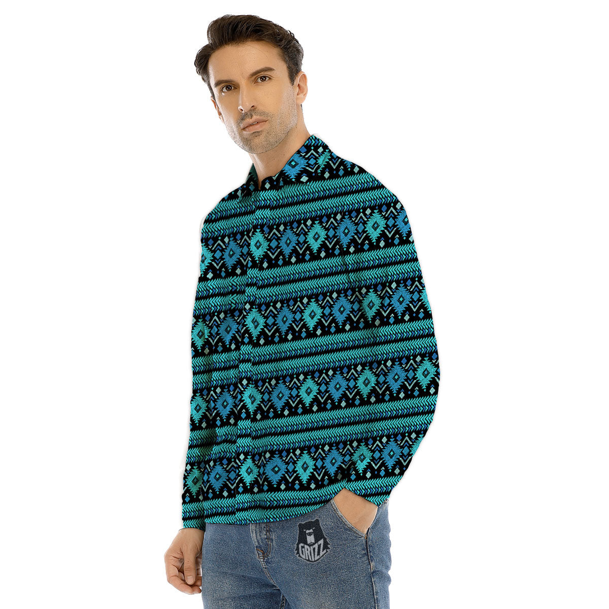 Aztec Tribal Blue Native Print Pattern Men's Dress Shirts-grizzshop