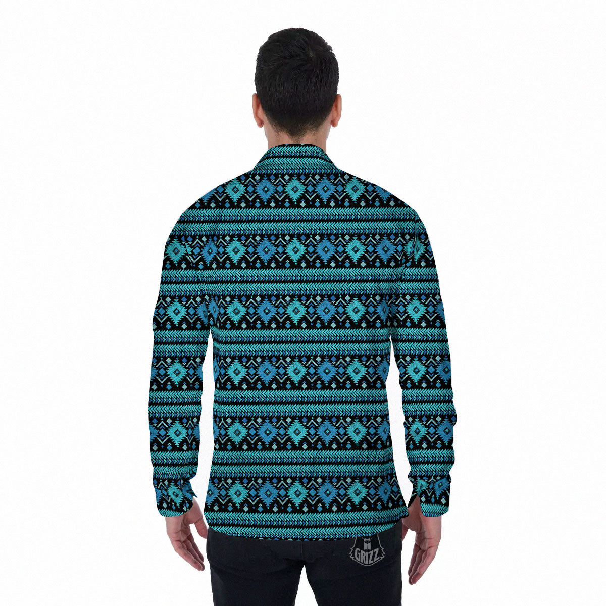 Aztec Tribal Blue Native Print Pattern Men's Long Sleeve Shirts-grizzshop