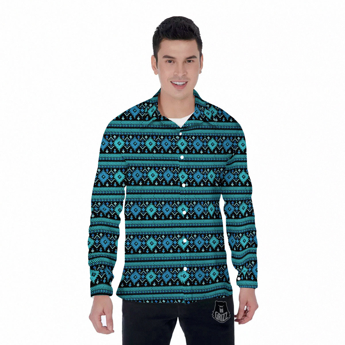 Aztec Tribal Blue Native Print Pattern Men's Long Sleeve Shirts-grizzshop