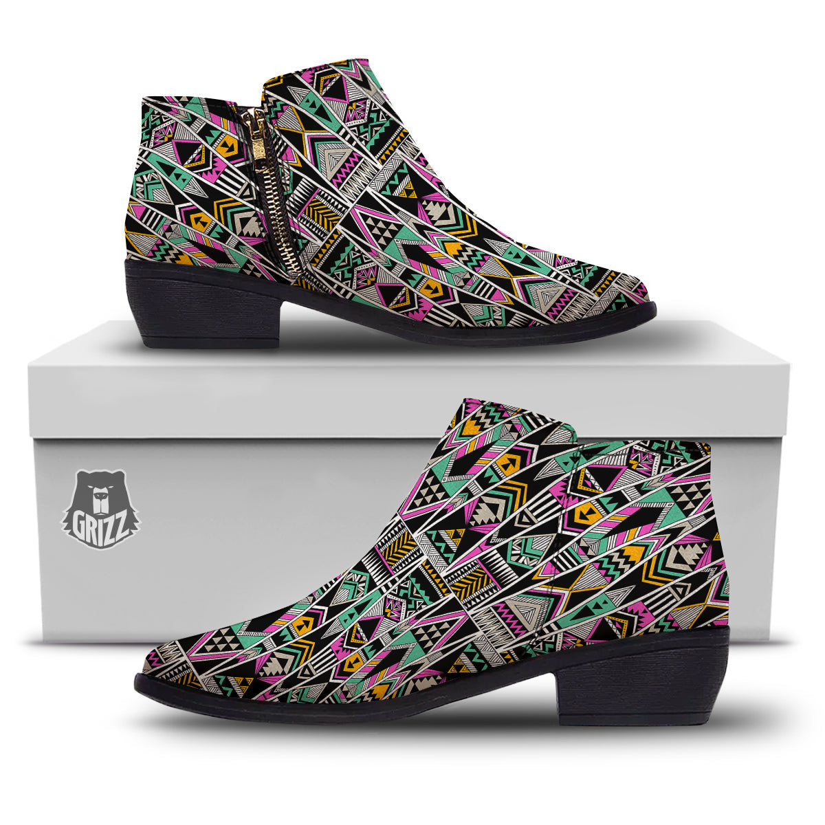 Aztec Tribal Vintage Print Pattern Ankle Boots-grizzshop
