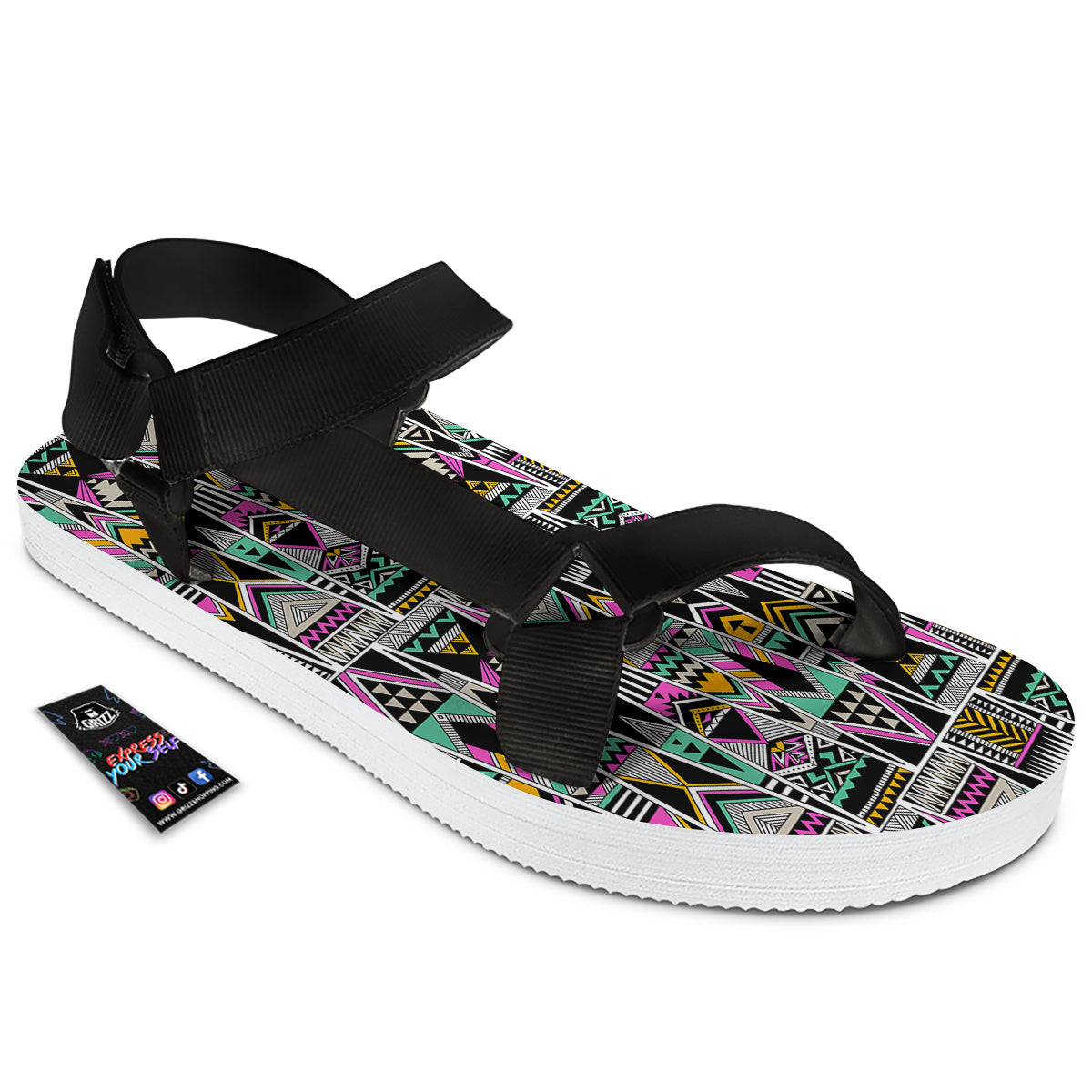 Aztec Tribal Vintage Print Pattern Black Open Toe Sandals-grizzshop