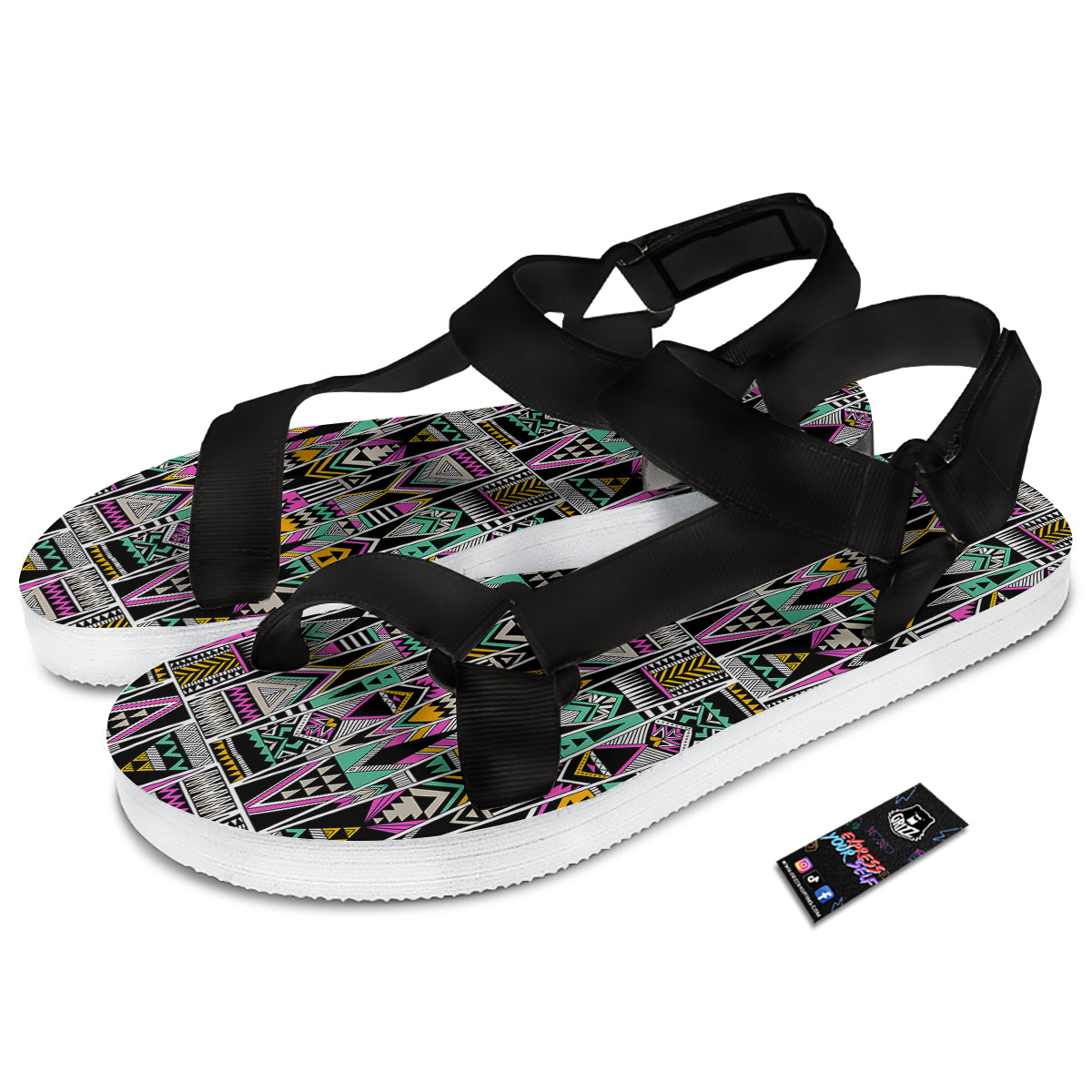 Aztec Tribal Vintage Print Pattern Black Open Toe Sandals-grizzshop