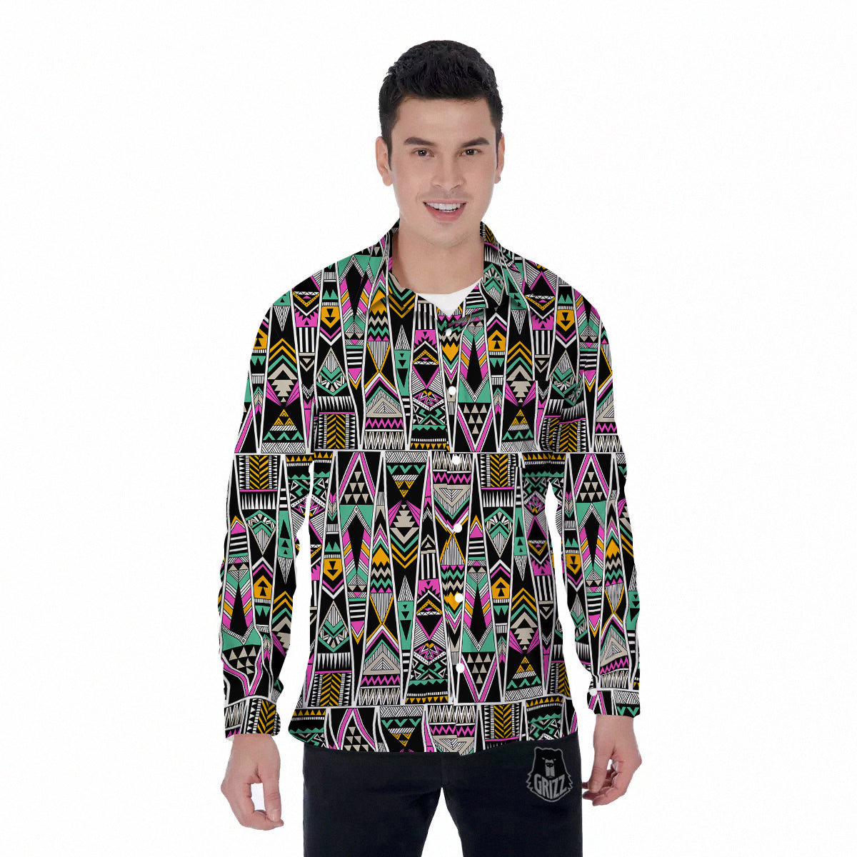 Aztec Tribal Vintage Print Pattern Men's Long Sleeve Shirts-grizzshop