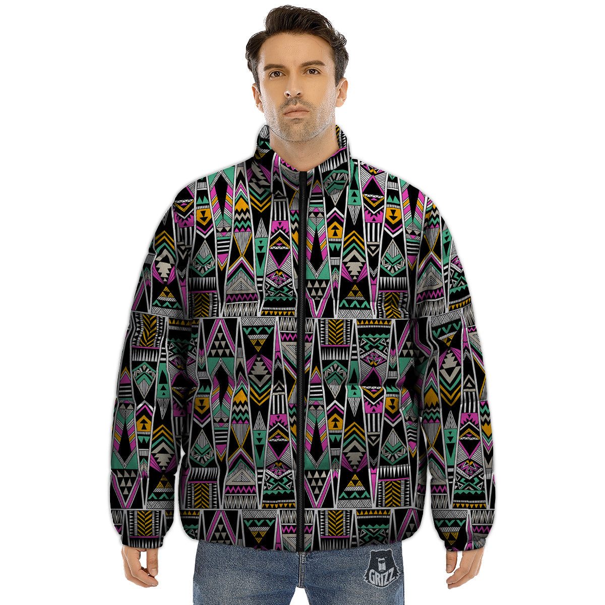 Aztec Tribal Vintage Print Pattern Puffer Jacket-grizzshop