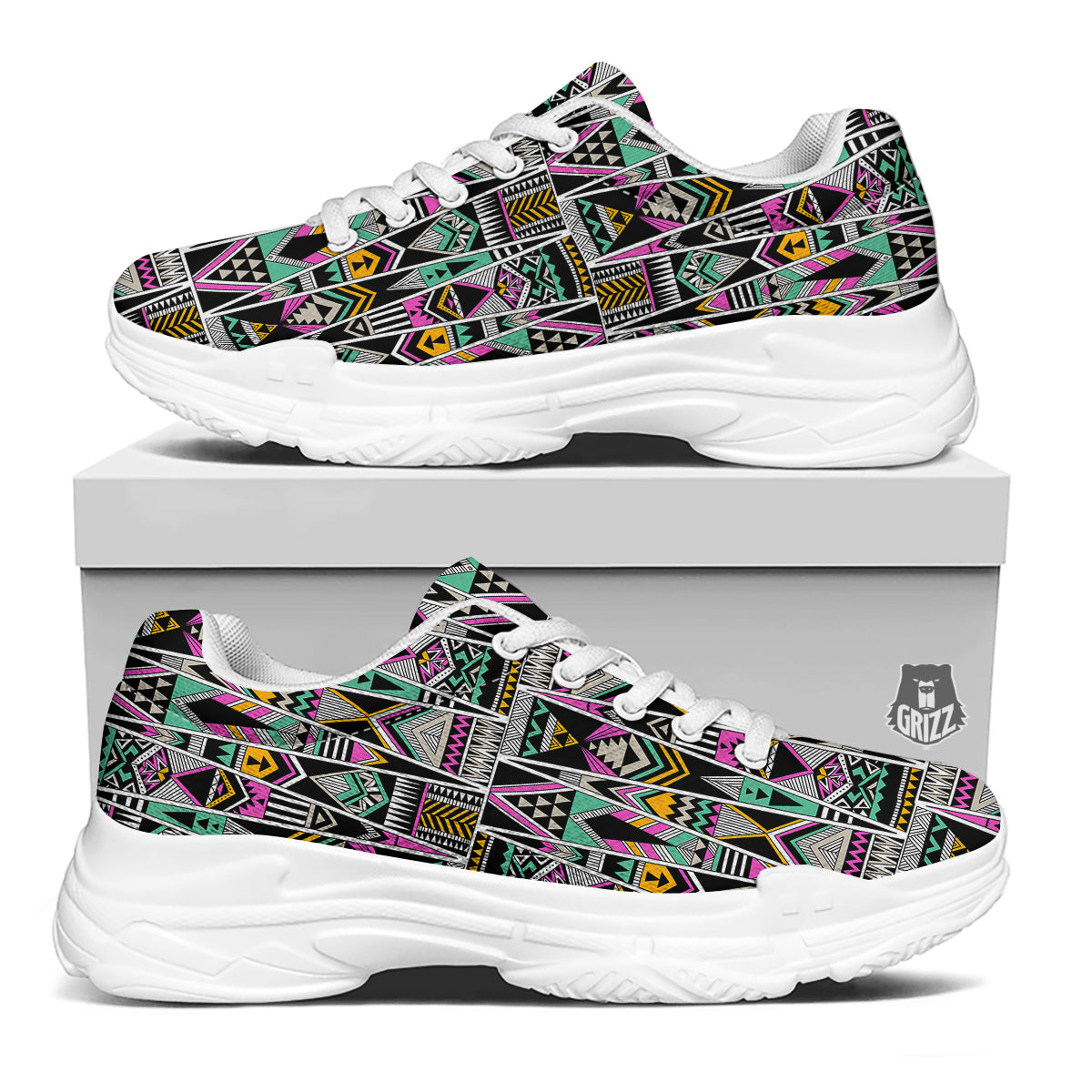 Aztec Tribal Vintage Print Pattern White Chunky Shoes-grizzshop