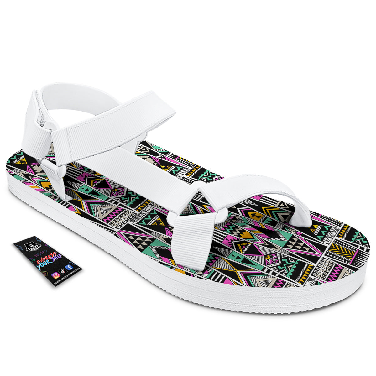 Aztec Tribal Vintage Print Pattern White Open Toe Sandals-grizzshop
