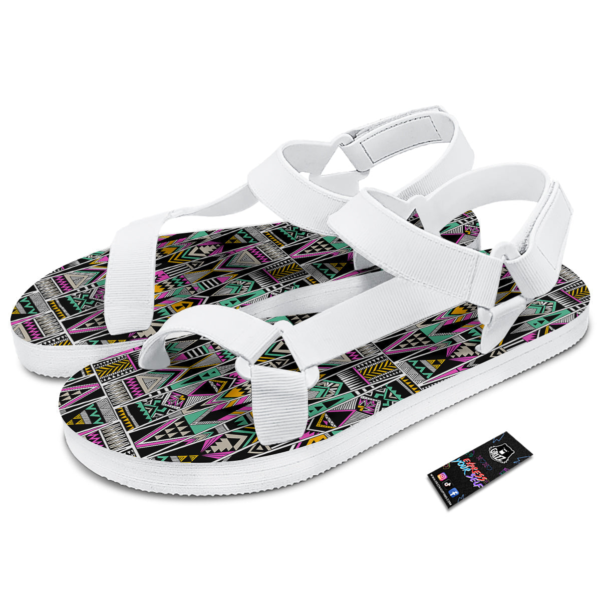 Aztec Tribal Vintage Print Pattern White Open Toe Sandals-grizzshop