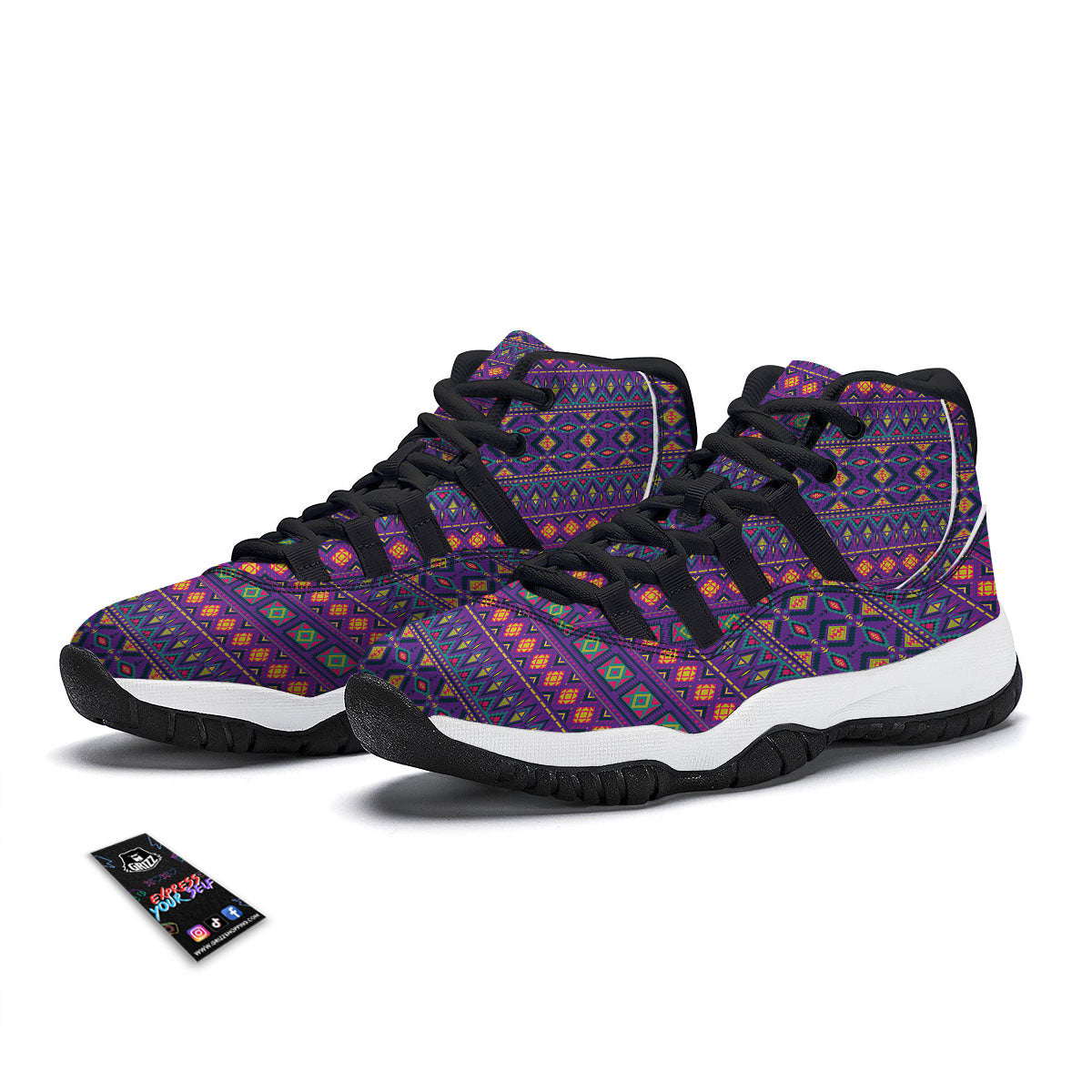 Aztec Trippy Neon Ethnic Print Black Bball Shoes-grizzshop