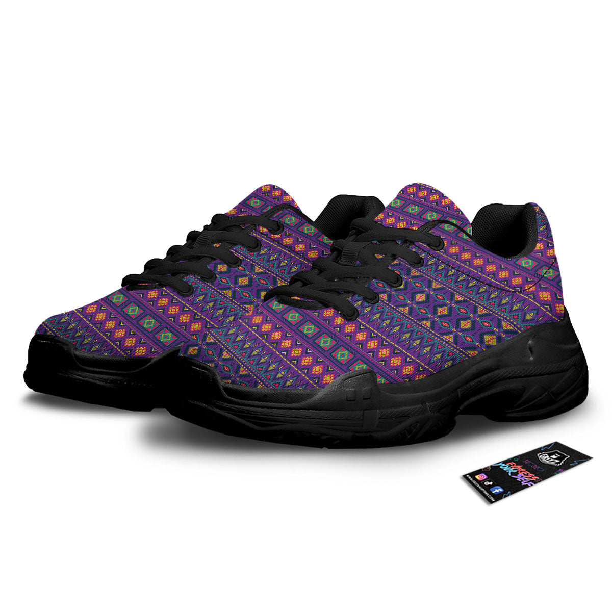 Aztec Trippy Neon Ethnic Print Black Chunky Shoes-grizzshop