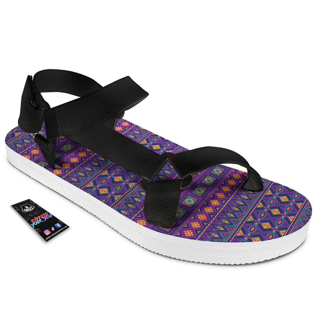 Aztec Trippy Neon Ethnic Print Black Open Toe Sandals-grizzshop