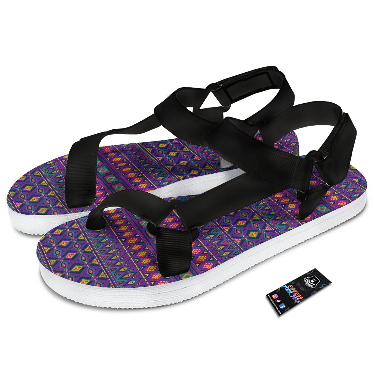 Aztec Trippy Neon Ethnic Print Black Open Toe Sandals-grizzshop