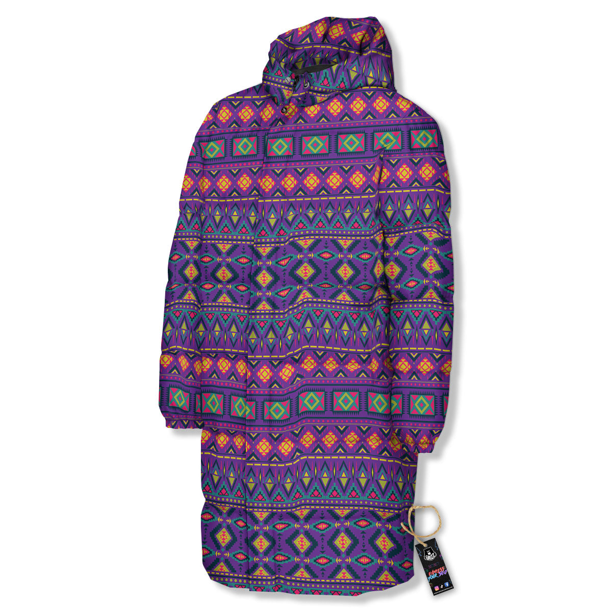 Aztec Trippy Neon Ethnic Print Long Down Jacket-grizzshop