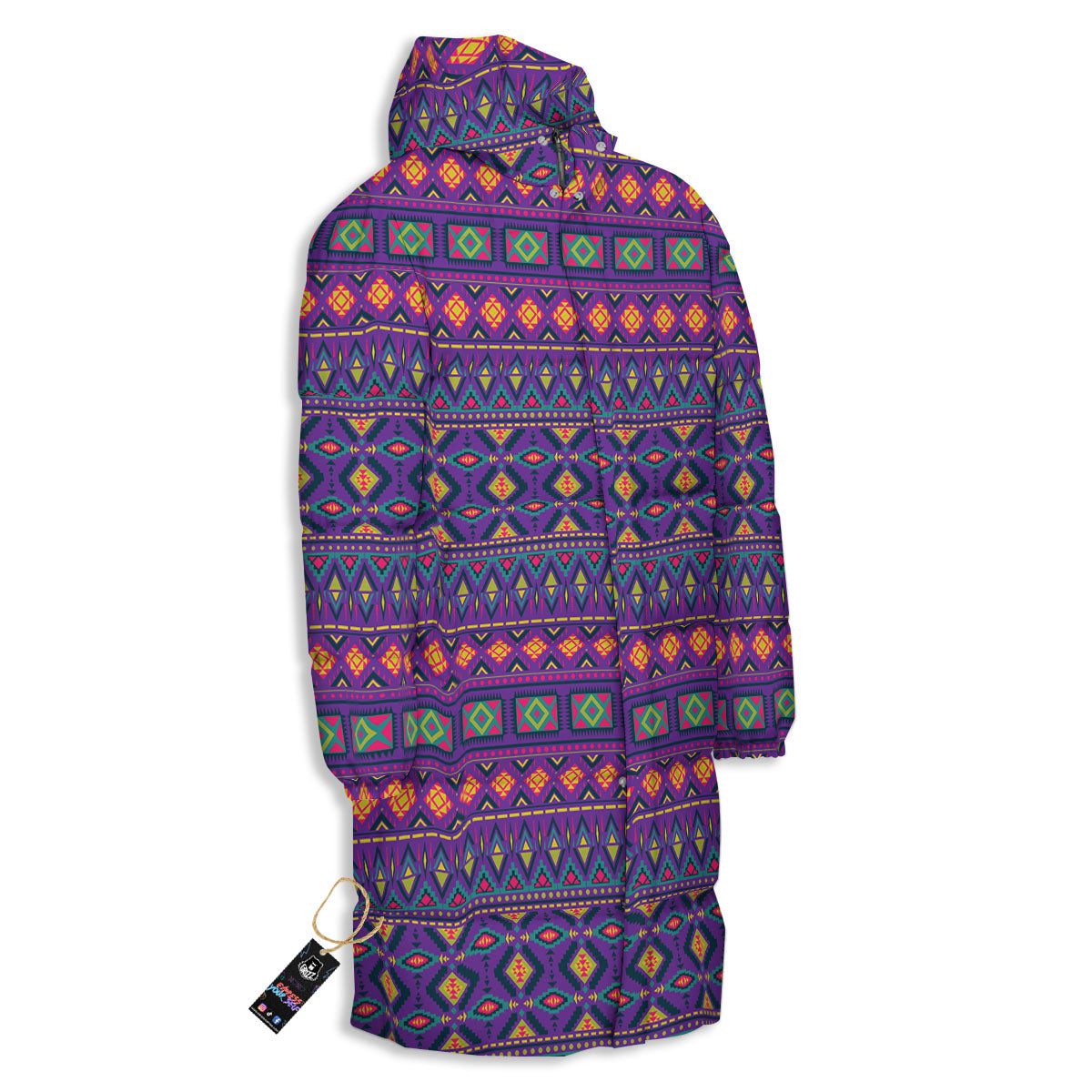 Aztec Trippy Neon Ethnic Print Long Down Jacket-grizzshop