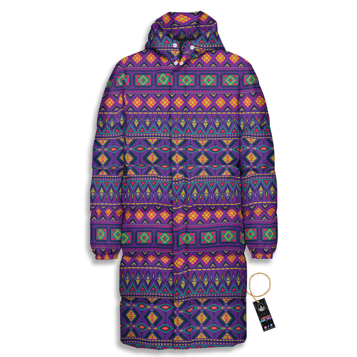 Aztec Trippy Neon Ethnic Print Long Down Jacket-grizzshop