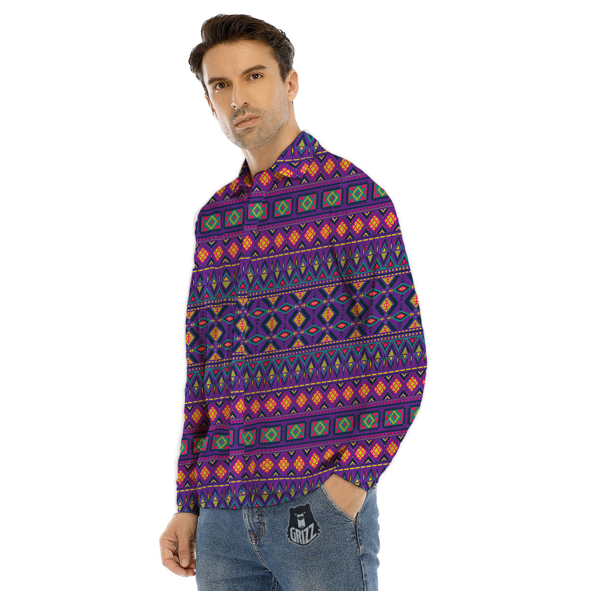 Aztec Trippy Neon Ethnic Print Men's Dress Shirts-grizzshop