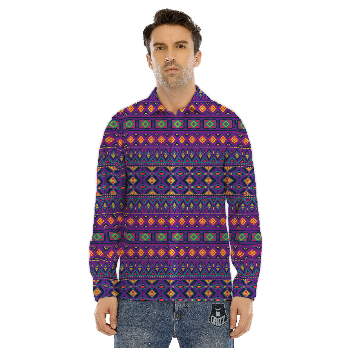 Aztec Trippy Neon Ethnic Print Men's Dress Shirts-grizzshop