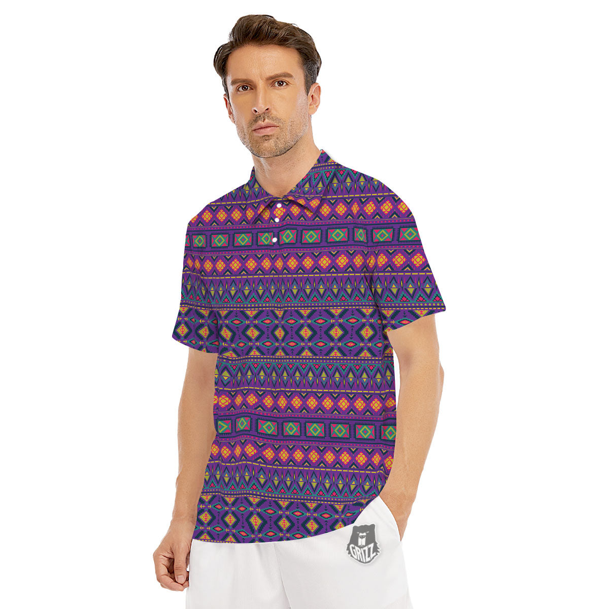 Aztec Trippy Neon Ethnic Print Men's Golf Shirts-grizzshop