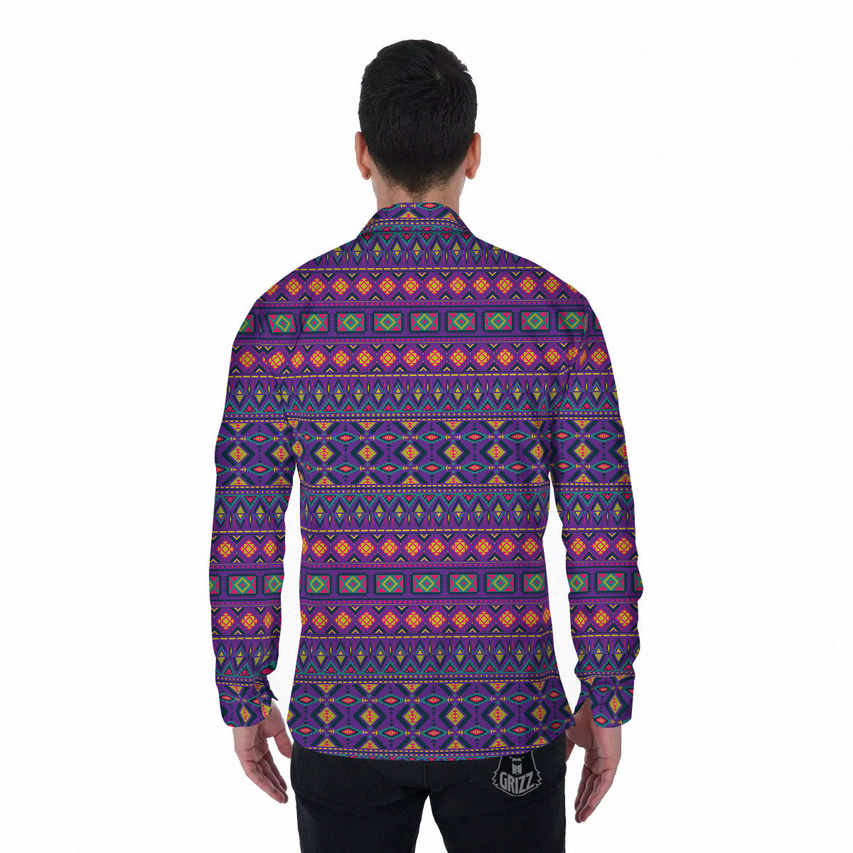 Aztec Trippy Neon Ethnic Print Men's Long Sleeve Shirts-grizzshop