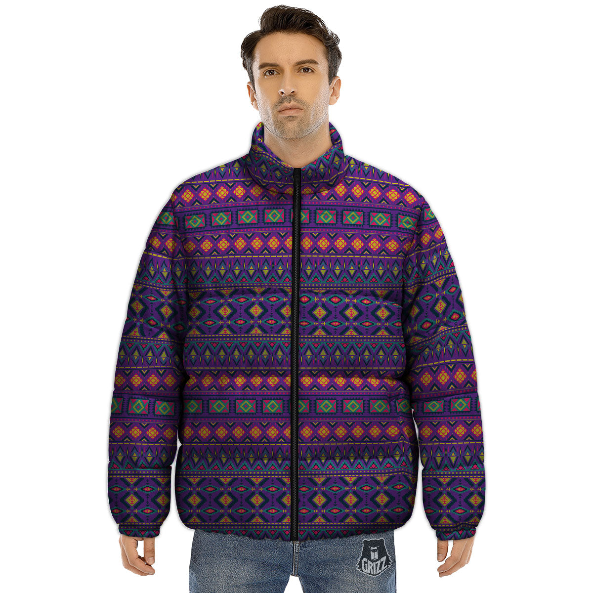 Aztec Trippy Neon Ethnic Print Puffer Jacket-grizzshop