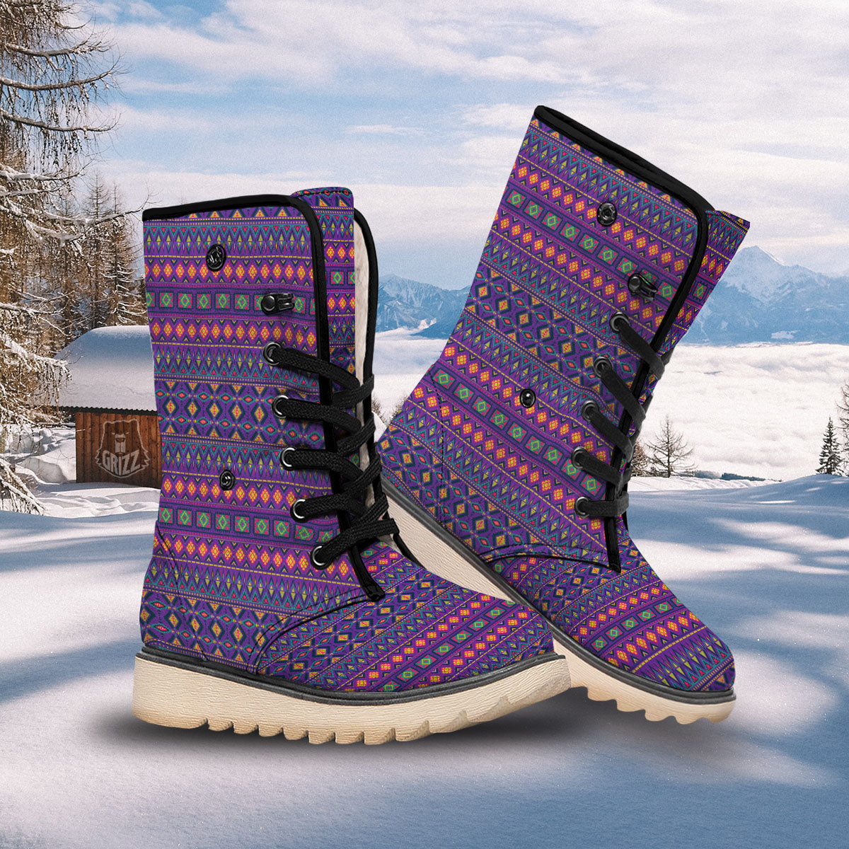 Aztec Trippy Neon Ethnic Print Snow Boots-grizzshop
