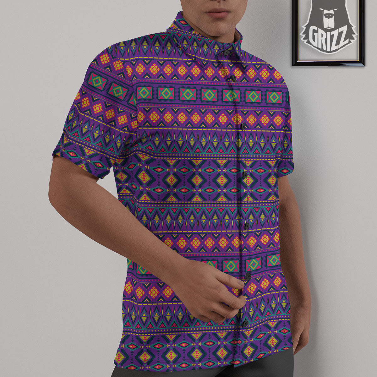 Aztec Trippy Neon Ethnic Print Untucked Shirts-grizzshop
