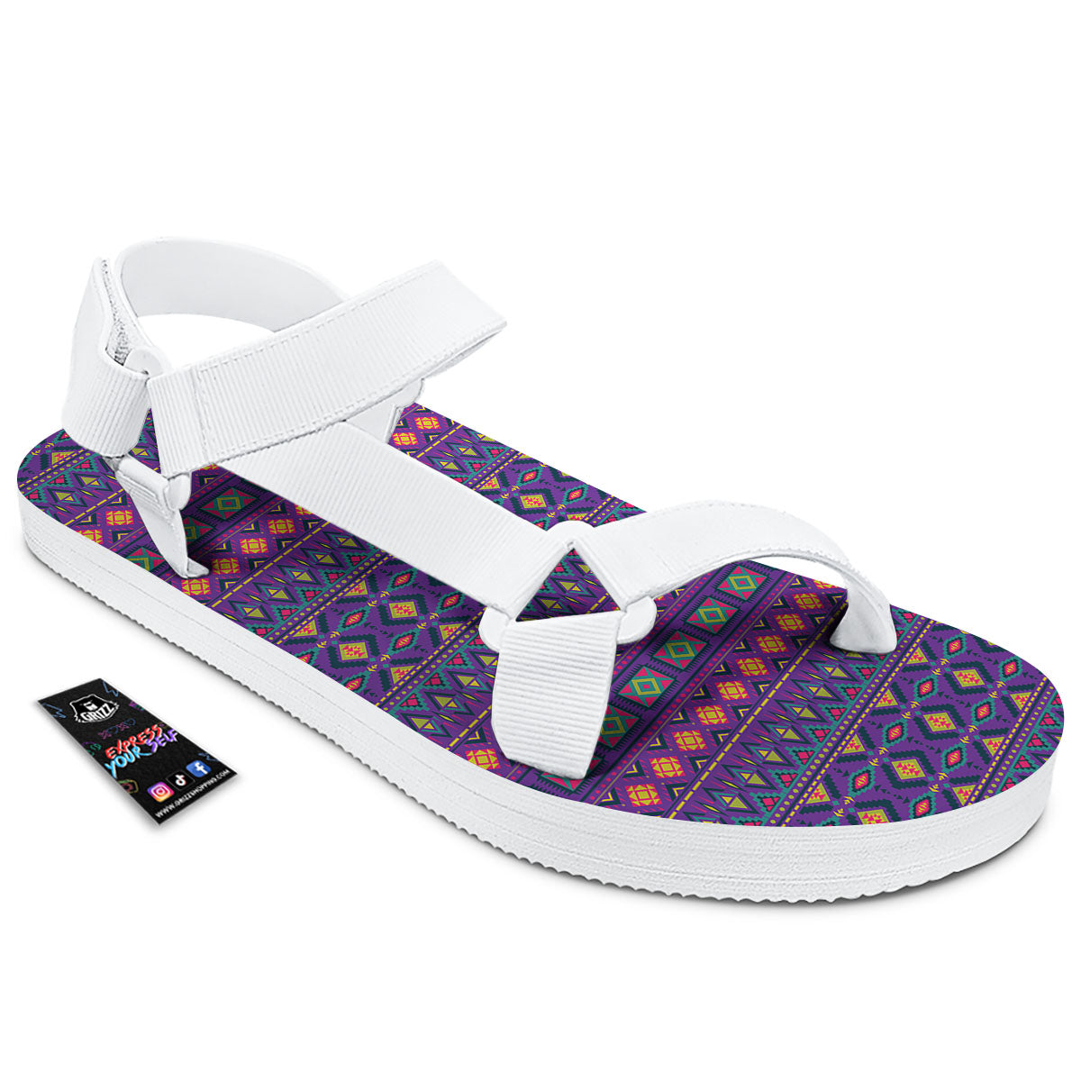 Aztec Trippy Neon Ethnic Print White Open Toe Sandals-grizzshop