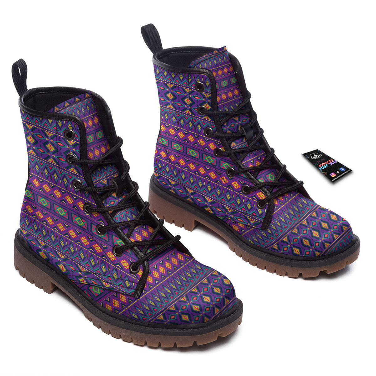 Aztec Trippy Neon Ethnic Print Work Boots-grizzshop