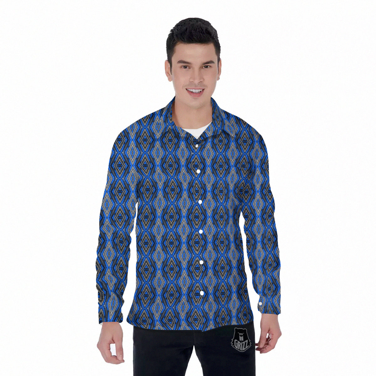 Aztec Trippy Turquoise Ethnic Print Pattern Men's Long Sleeve Shirts-grizzshop