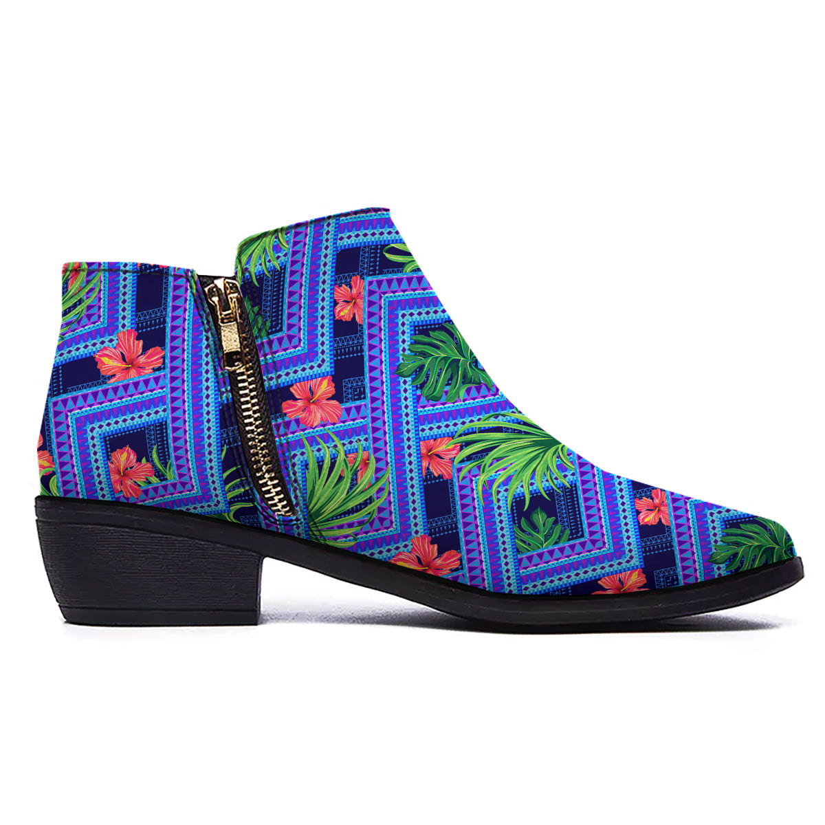 Aztec Tropical Hibiscus Flower Print Pattern Ankle Boots-grizzshop