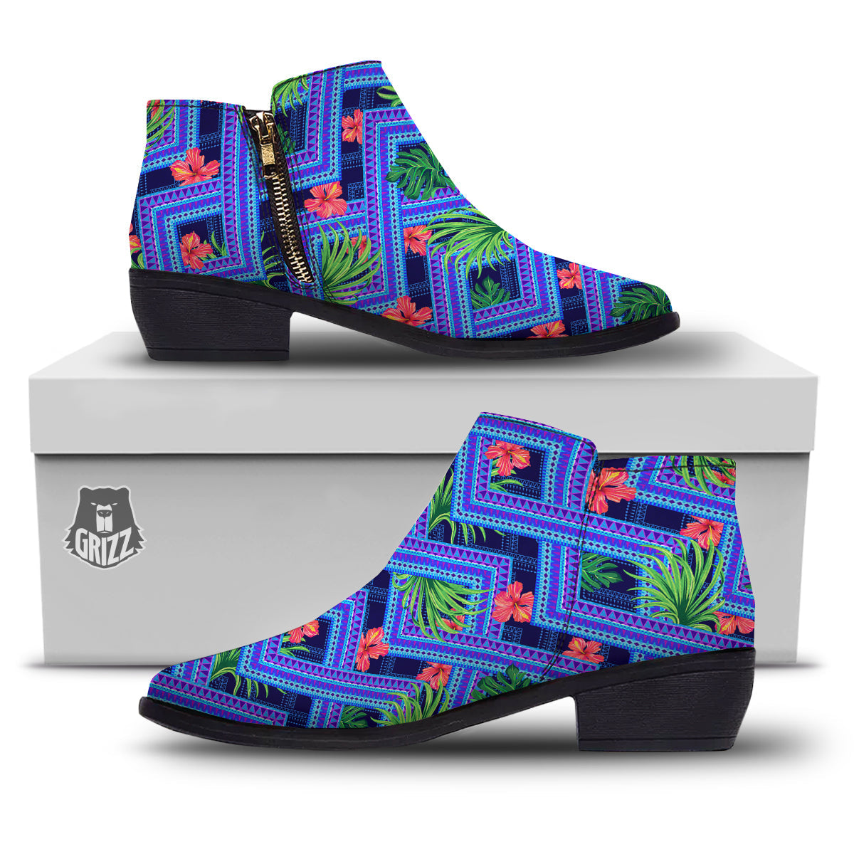 Aztec Tropical Hibiscus Flower Print Pattern Ankle Boots-grizzshop