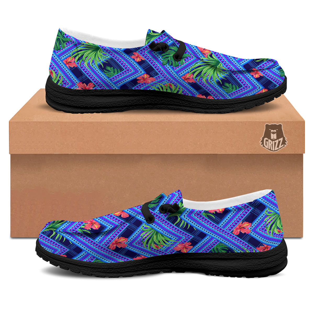 Aztec Tropical Hibiscus Flower Print Pattern Black Loafers-grizzshop