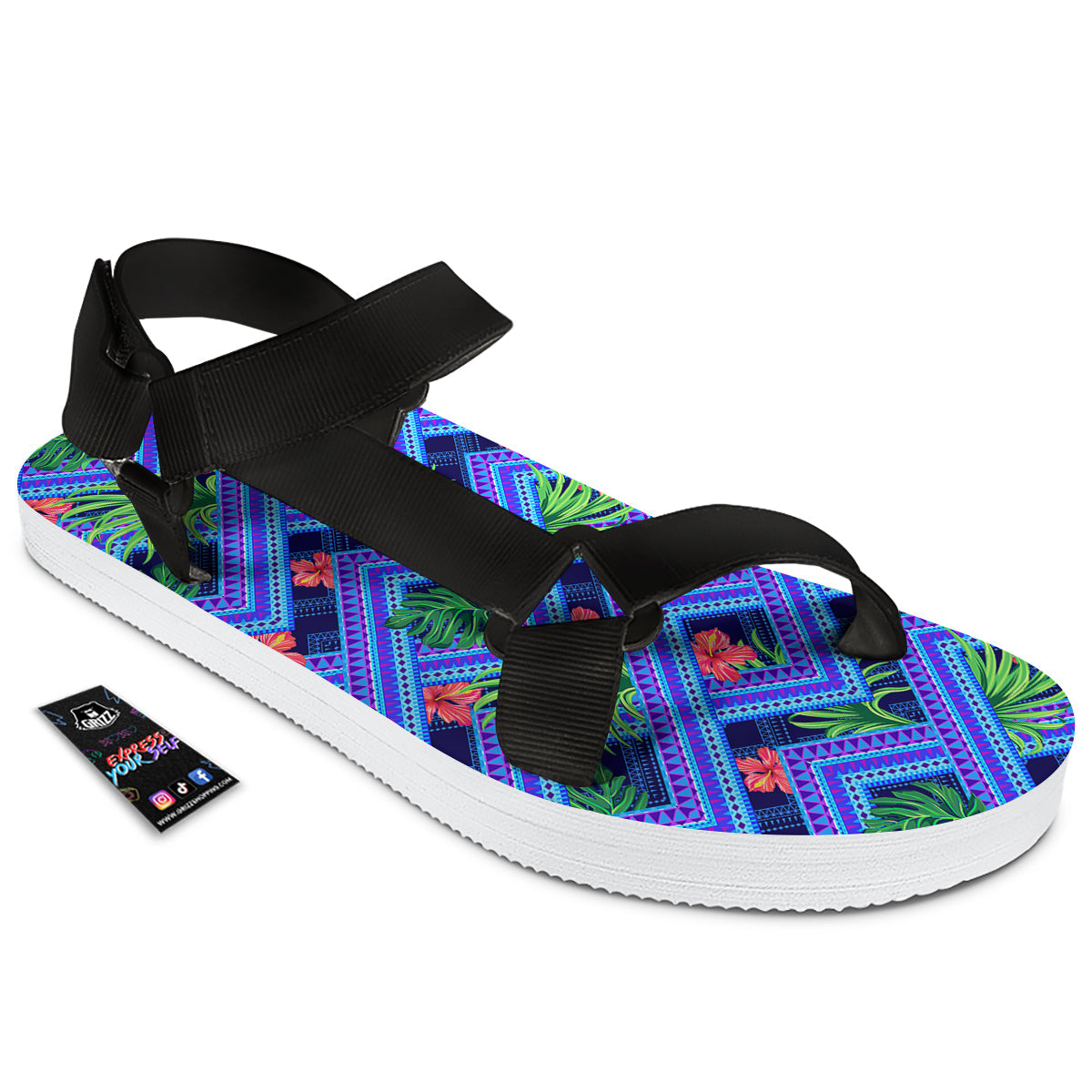 Aztec Tropical Hibiscus Flower Print Pattern Black Open Toe Sandals-grizzshop
