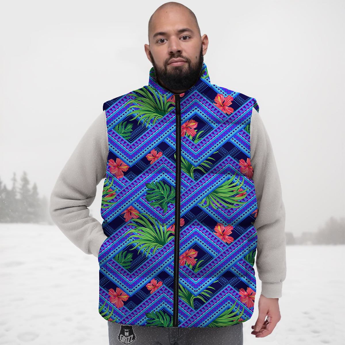Aztec Tropical Hibiscus Flower Print Pattern Down Vest
